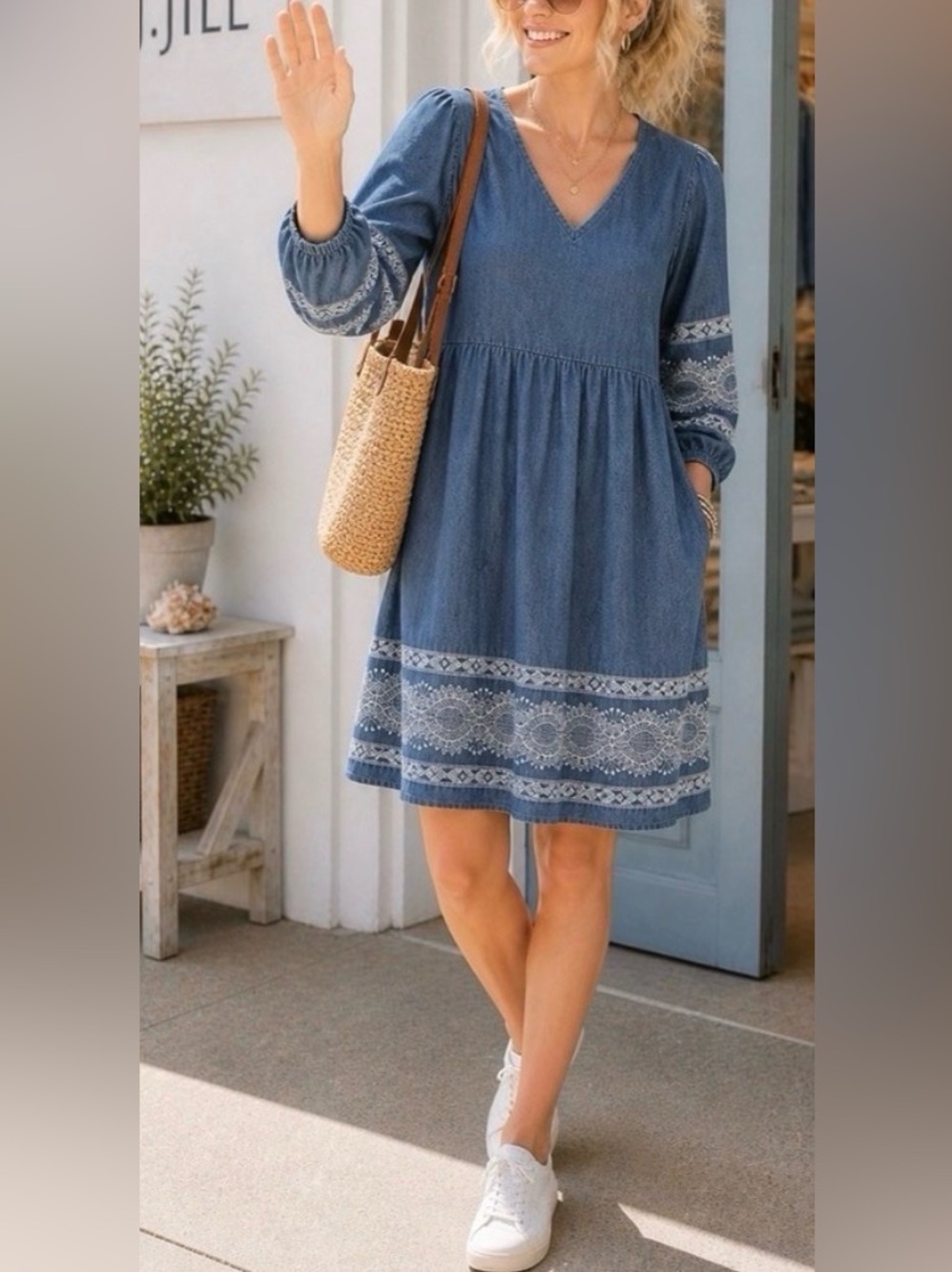 J. Jill Denim Embroidered Indigo Peasant Dress Size XS